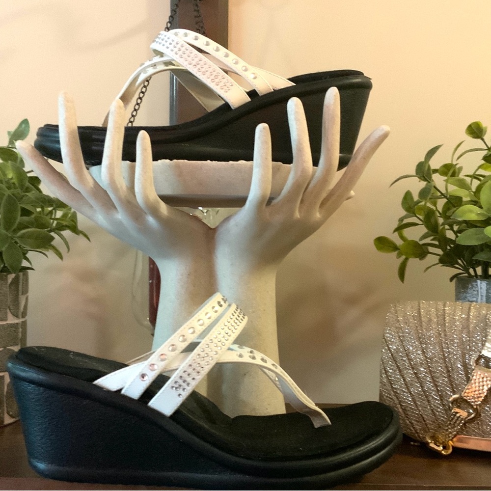 Skechers White Rhinestone Wedge Sandals